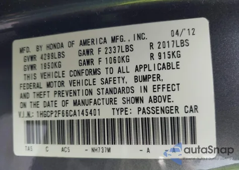2012 Honda Accord 2.4 Se from USA, damaged, VIN 1HGCP2F66CA145401